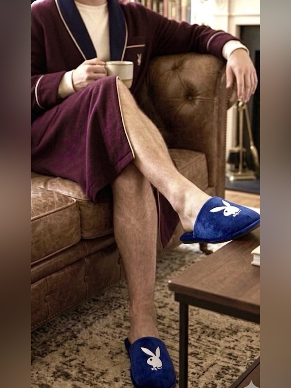 PLAYBOY MEN VELOUR SLIP ON SLIPPERS X 13/14 ROYAL BLUE MEMORY FOAM DAPPER RETRO